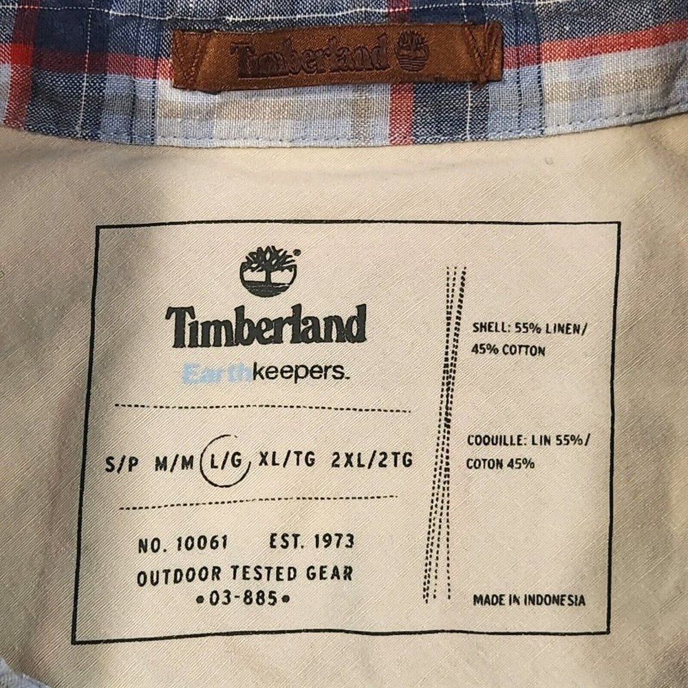 Timberland Linen‎ Blend Shirt Men's Large Blue Plaid Short Sleeve Button Front - Picture 5 of 8